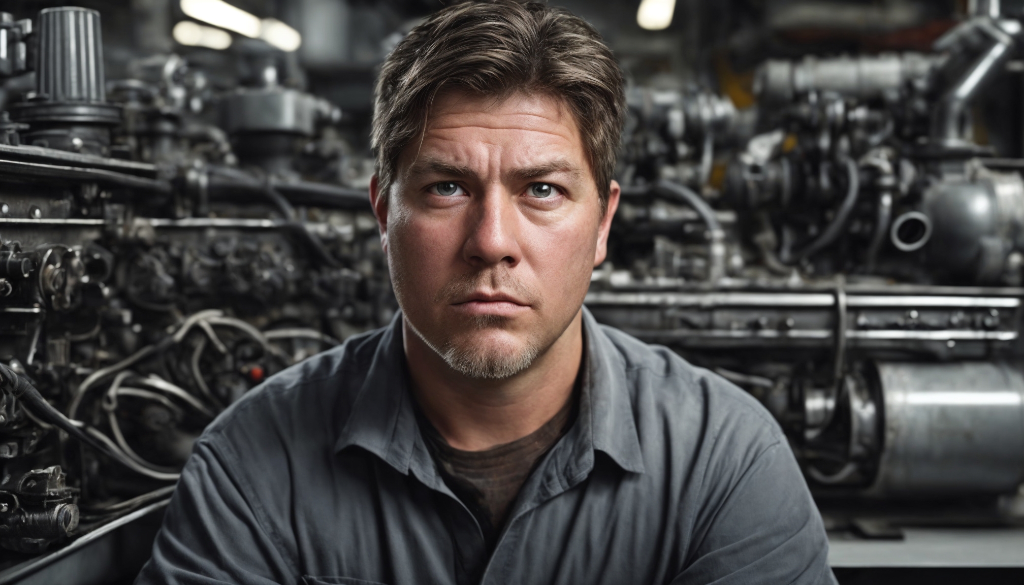 Technician behind desk with big diesel engine parts background