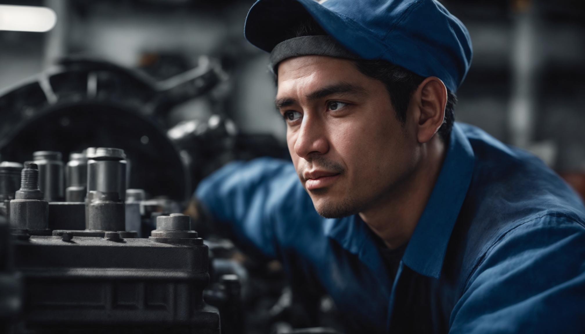 Diesel mechanic performing maintenance on a large diesel engine block in an industrial workshop