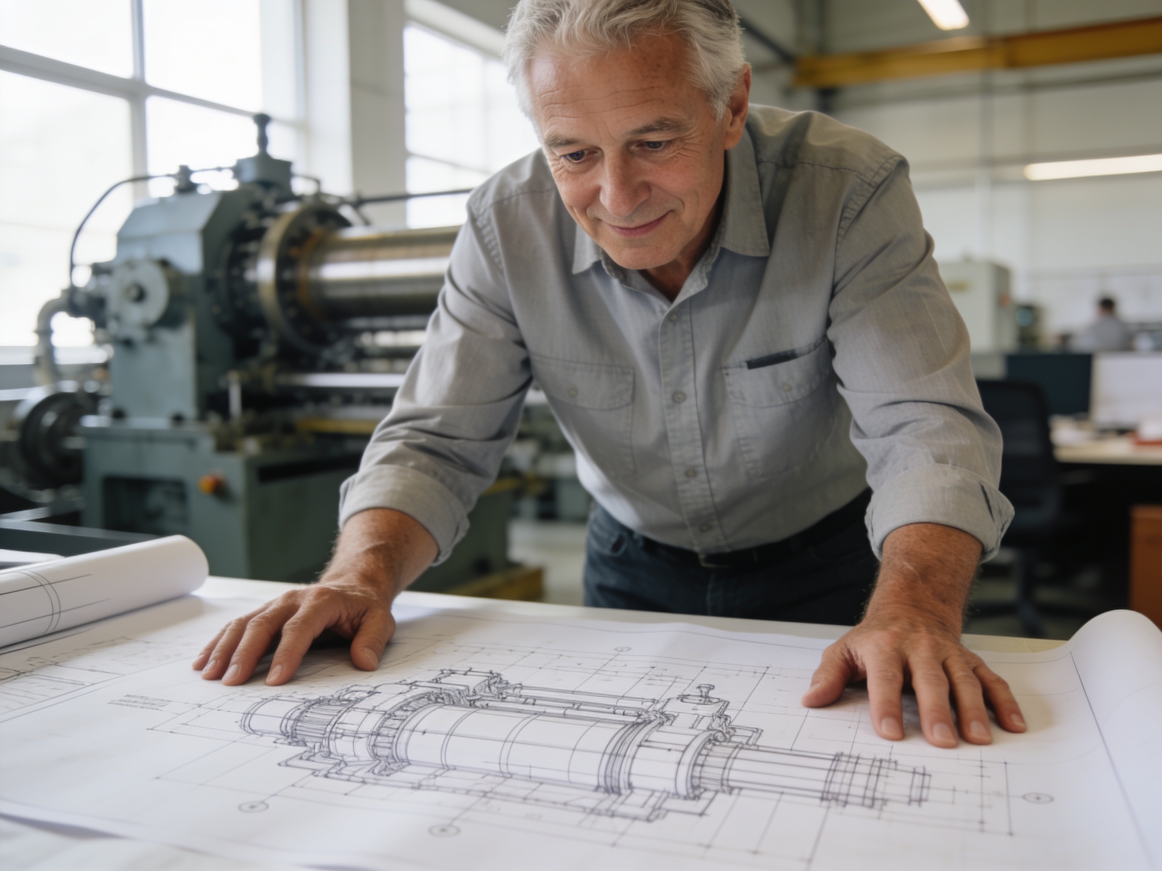 Senior engineer reviewing heavy duty diesel engine blueprints