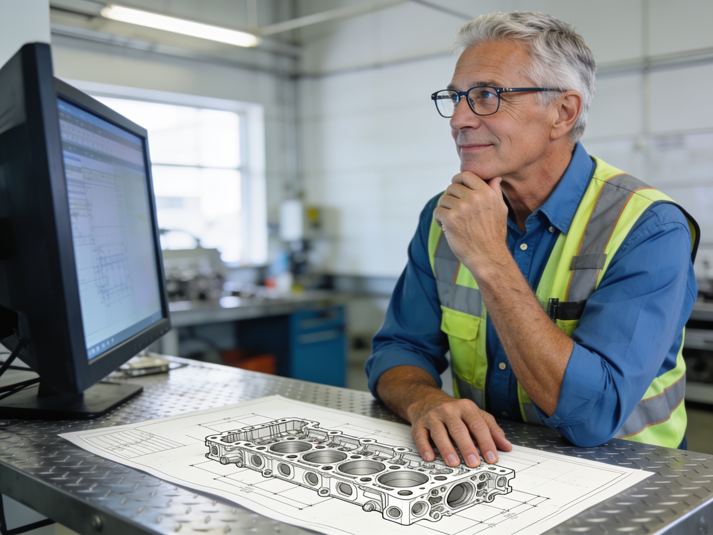 Senior engineer reviewing blueprints for heavy equipment diesel engines in a modern workshop setting.
