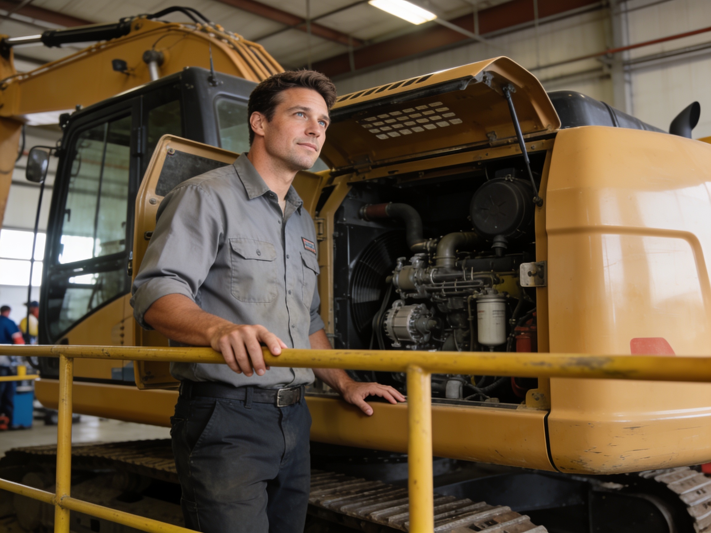 American mechanic inspecting excavator engine for industrial diesel engine maintenance
