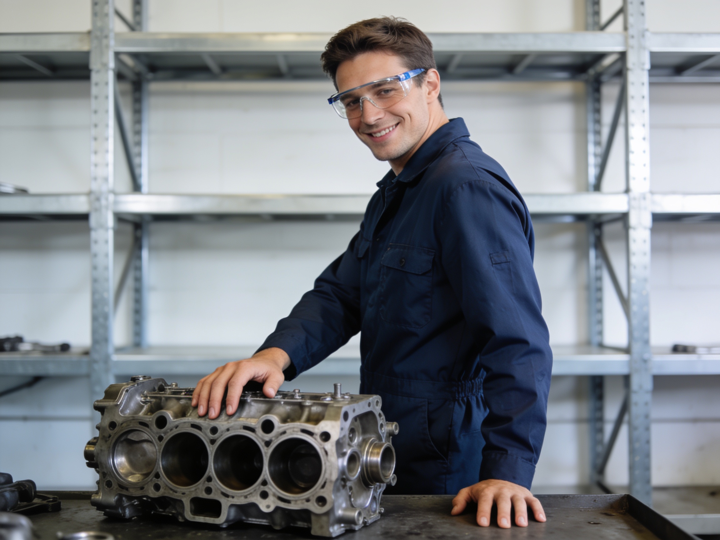 Engineer examining cylinder head part for heavy diesel maintenance guide