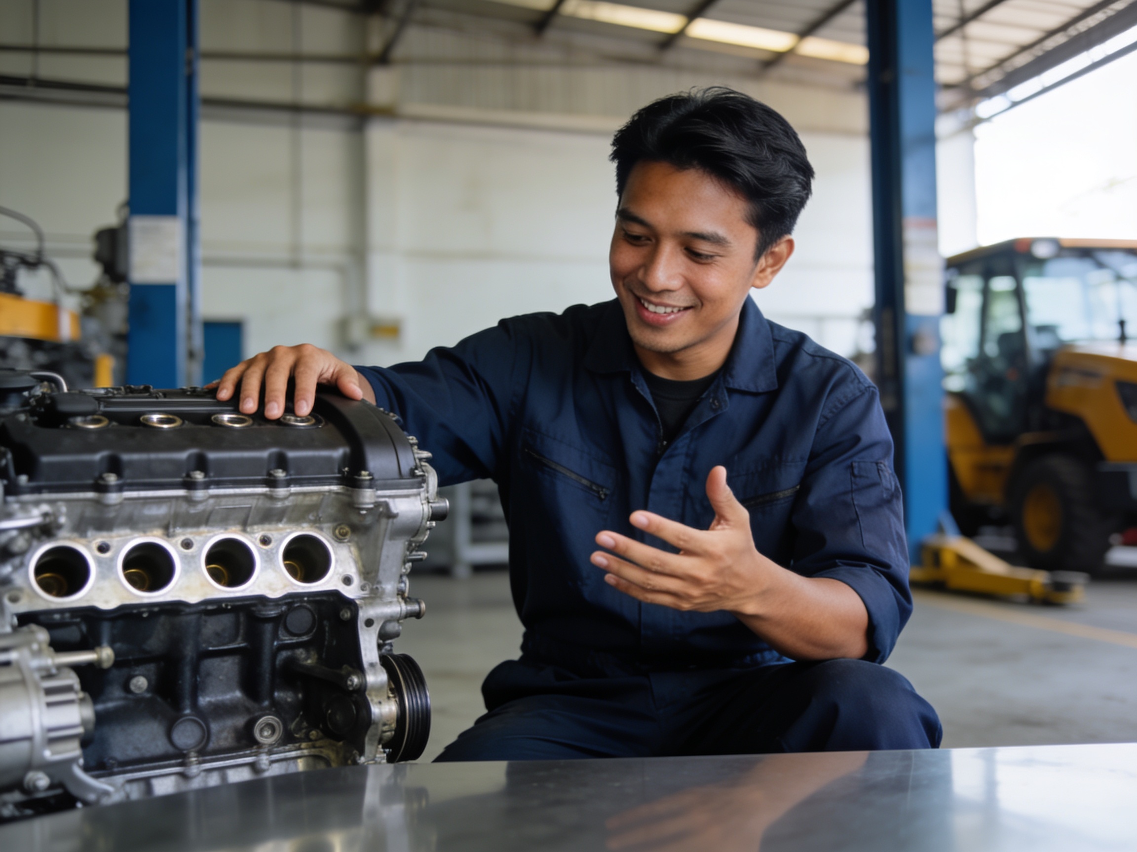 Mechanic inspecting large diesel engine technology in heavy equipment service bay