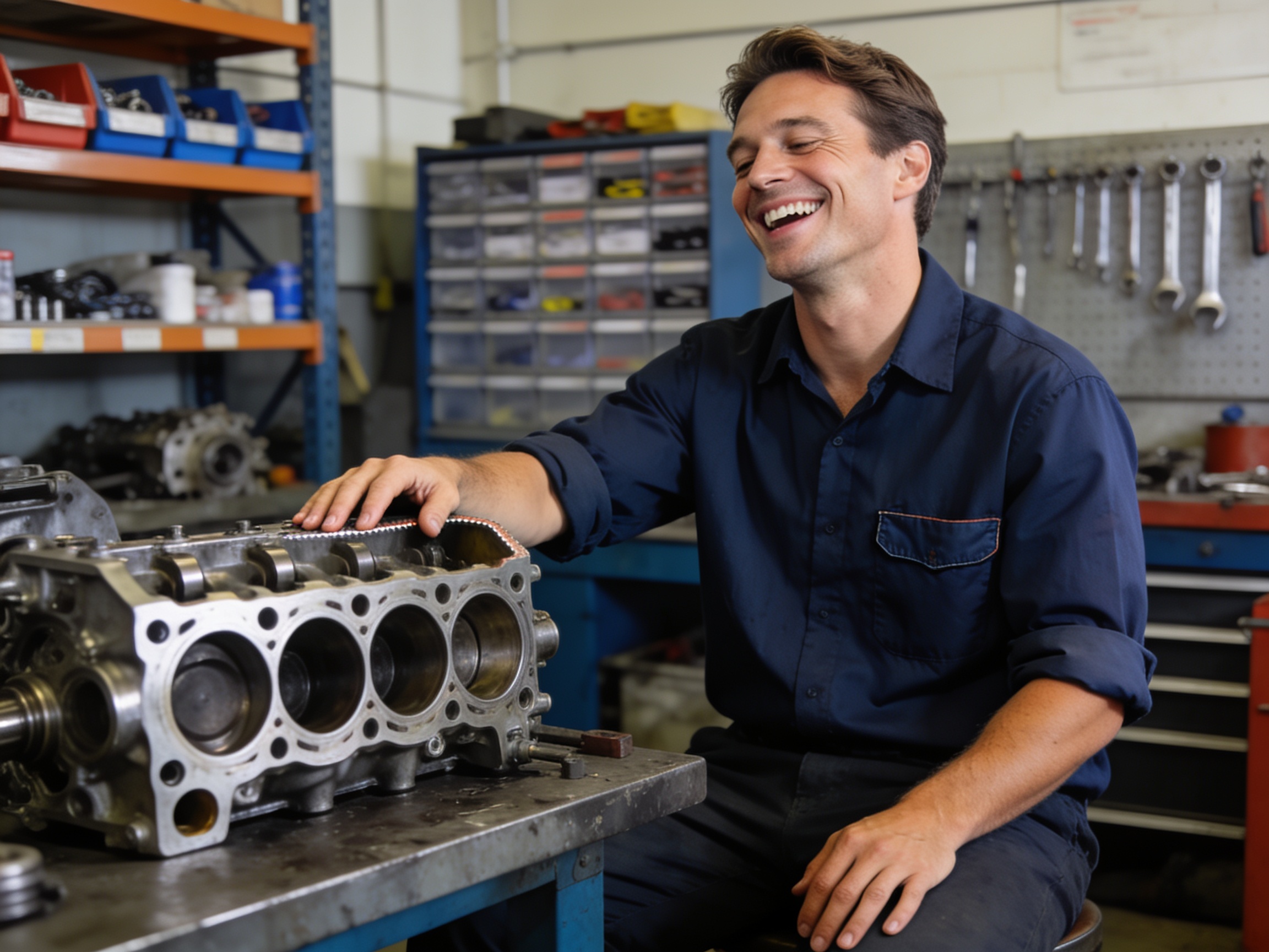 Mechanic inspecting diesel cylinder head to ensure quality diesel engine parts