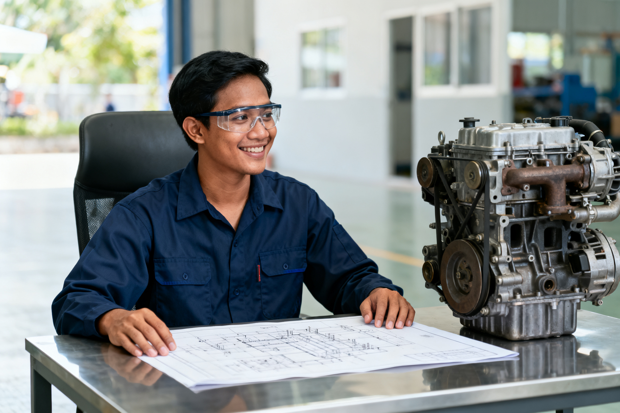 Indonesian engineer reviewing heavy diesel engine blueprint during optimization process