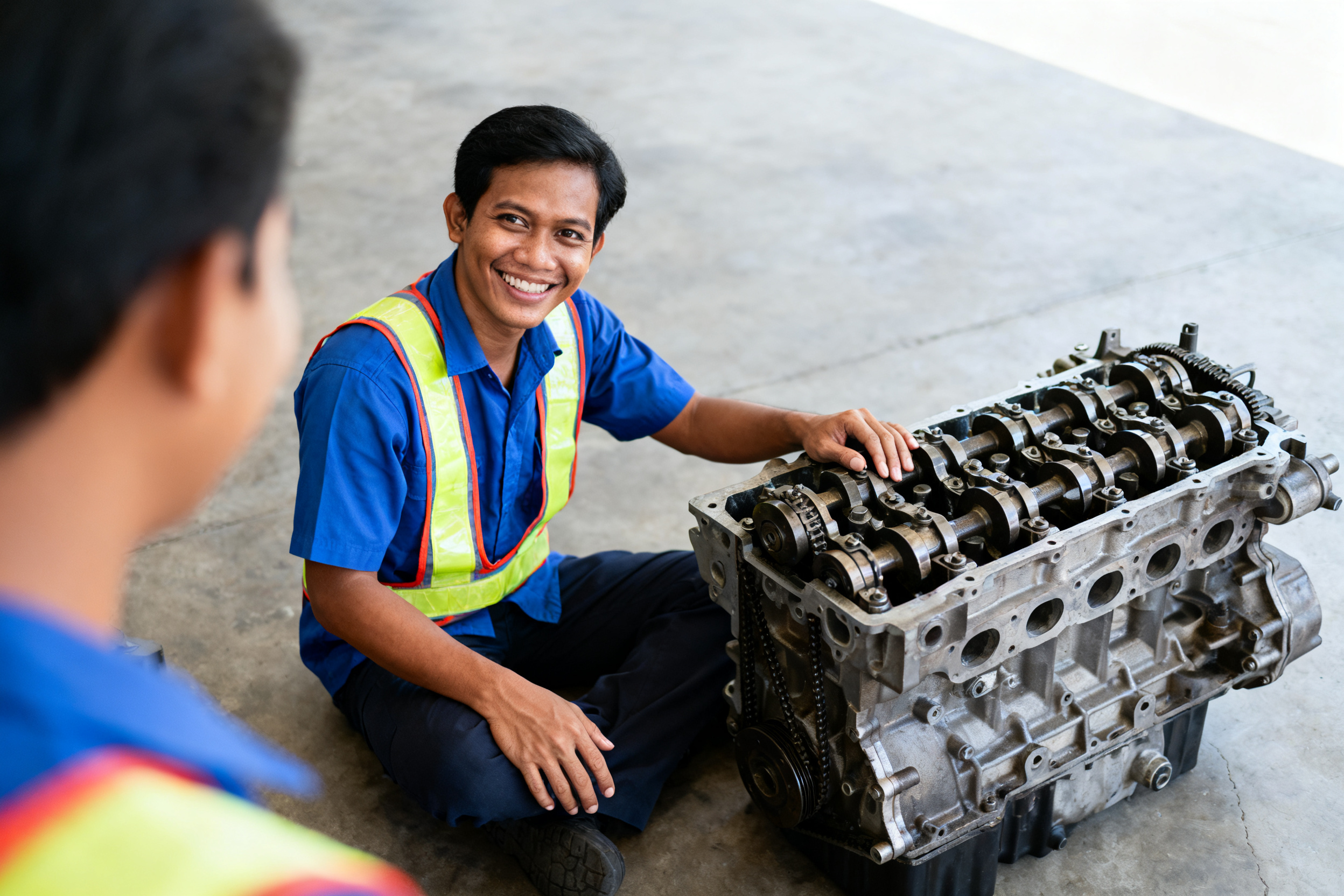 Indonesian mechanic examining large diesel engine block, highlighting key features of large diesel engine types